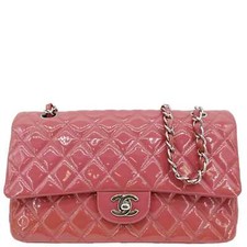 CHANEL Classic Double Flap Medium Quilted Patent Leather Shoulder Bag Light Pink