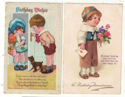 2 Künstler gezeichnete Gruß Postkarten von Kindern mit Blumen und Geschenken