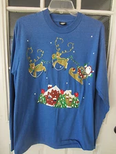 1990s hand painted Christmas L/S T Shirt size LG NWT Santa Reindeer tacky party