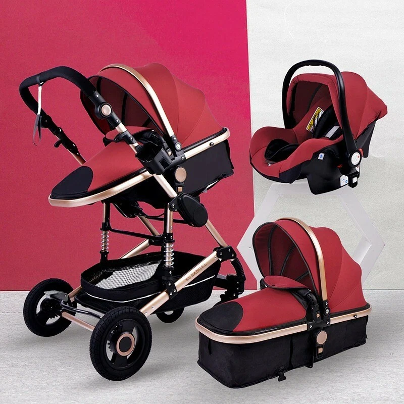 New Red Luxurious Baby Stroller 3 in 1 Portable Travel Baby Carriage Folding