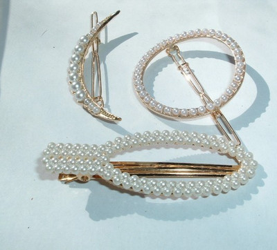 3 WHITE SEED PEARL SUN MOON POST HAIR CLIP BARRETTES