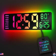 16.5" LED Digital Wall Clock - Bluetooth, RGB, Remote, Dual Alarms, Temp Display