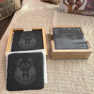  NBA Milwaukee Bucks Laser Etched slate coasters, Set Of 8 with 2 Wooden Holders