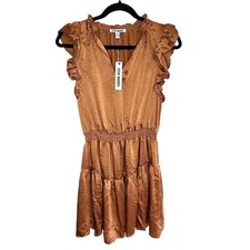 NWT Steve Madden Prairie Dreams Mini Dress Apricot Satin Ruffle Smocked Small S