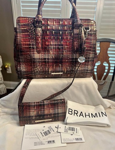 Brahmin Multicolor Plaid Women’s Satchel Top Handle Zip Dust Bag Charm