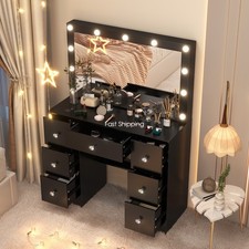 Dressing Table with LED Mirror Modern Makeup Desk Black Vanity Table Set Bedroom