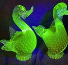 Vintage Red & Uranium Glowing Murano Italy Swan Pair  MCM 7” Art Glass