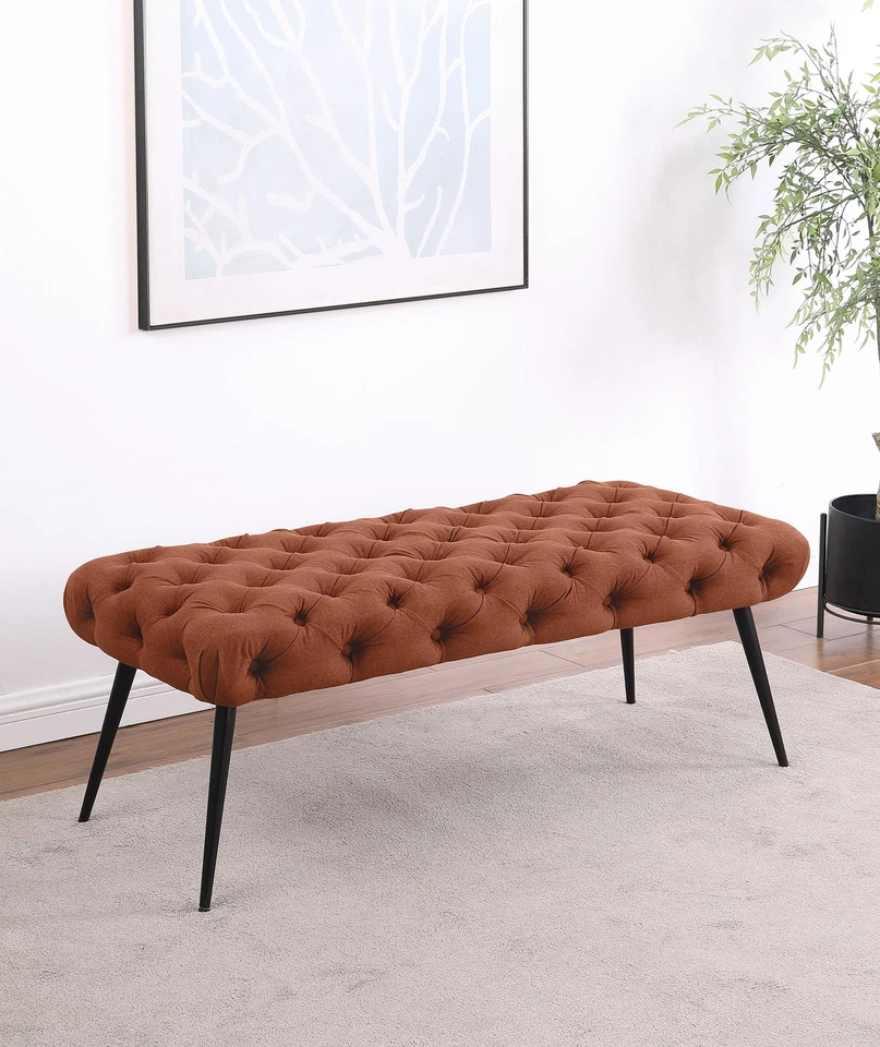 Coaster Ella 18" Fabric Upholstered Tufted Bench with Metal Legs in Rust - Image 2 of 4