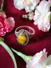 Silver Tiger’s Eye Oval Cabochon Bezel Ring Sizeable US 13 Signed