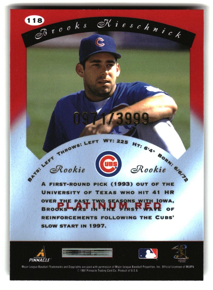 Brooks Kieschnick 1997 Pinnacle Totally Certified #118 Chicago Cubs #/3999 - Image 2 of 2