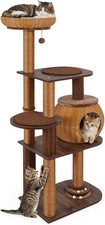 59.5-inch Tall PE Rattan Cat Tree Multi-Level Modern Wooden Cat Tower W/ Sisal