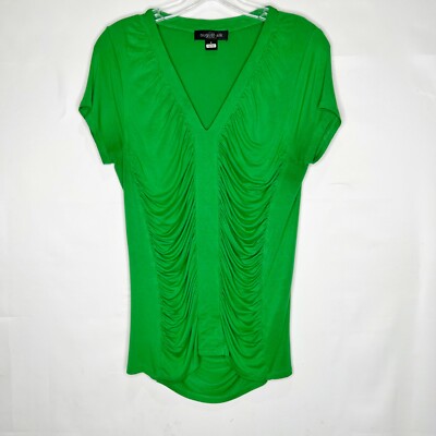 August Silk Woman s Top sz Med. St. Patrick s Day Green Gathered Stretch V-Neck