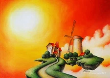ORIGINAL Oil PAINTING Fantasy ART LANDSCAPE bright sun & flying island windmill