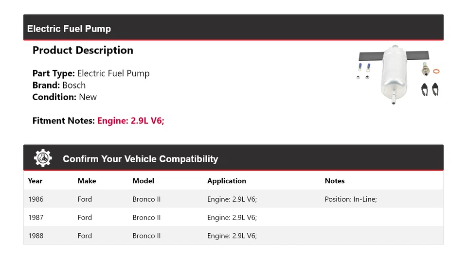 Bomba de combustible eléctrica Bosch 1987 para Ford Bronco II 1986-1988 2,9 L V6 Foto 2 de 4