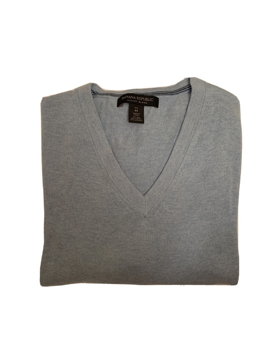 Banana Republic Mens V Neck Sweater Blue Luxury Blend Silk Cashmere Cotton M
