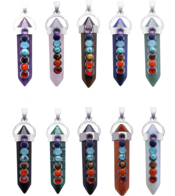 10pcs Natural Seven Chakra Gemstones Healing Hexagonal Pointed Reiki Pendant