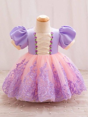 Disney Rapunzel Flower Motif Embroidery Dress Purple Pink Puff Sleeve New
