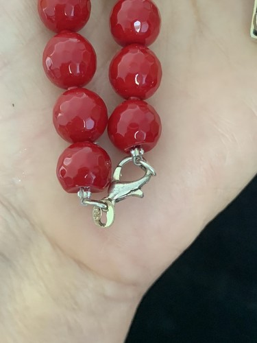 Natural Faceted Gemstone (Red Coral Color) Necklace & SS and Marcasite Cross - Picture 6 of 10
