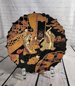 ANTIQUE JAPANESE PAPER MACHE PEDESTAL PLATE LAQUER HAND PAINTED BLACK & GOLD