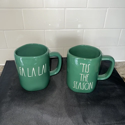 Rae Dunn  Magenta Set Of 2  FA LA LA! Green Xmas  Coffee Mug & TIS THE SEASON