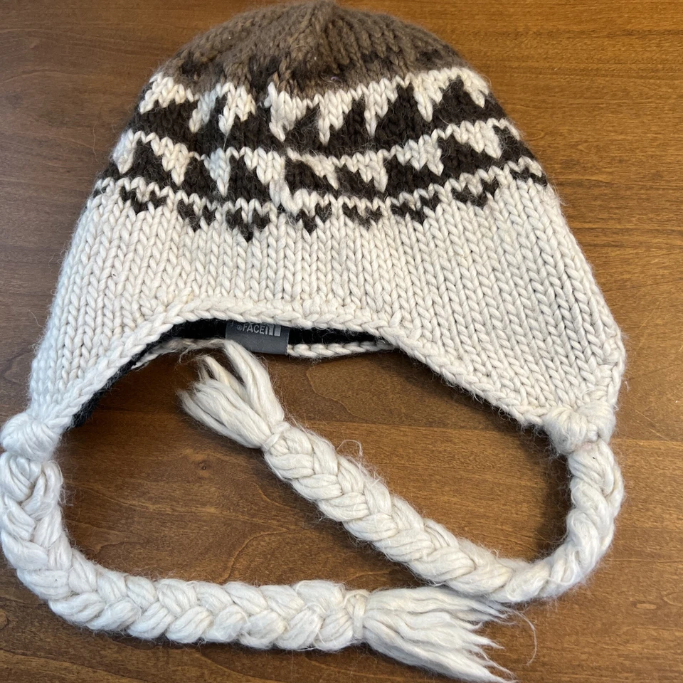 The North Face Sombrero Tejido Forrado Vellón Gorro Marrón Patrón Sobre Crema Juventud (B3) Foto 4 de 4