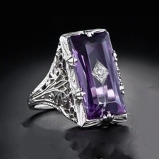 Facted Super Special White Topaz Purple Amethyst Gems Silver Ring Size 6-10