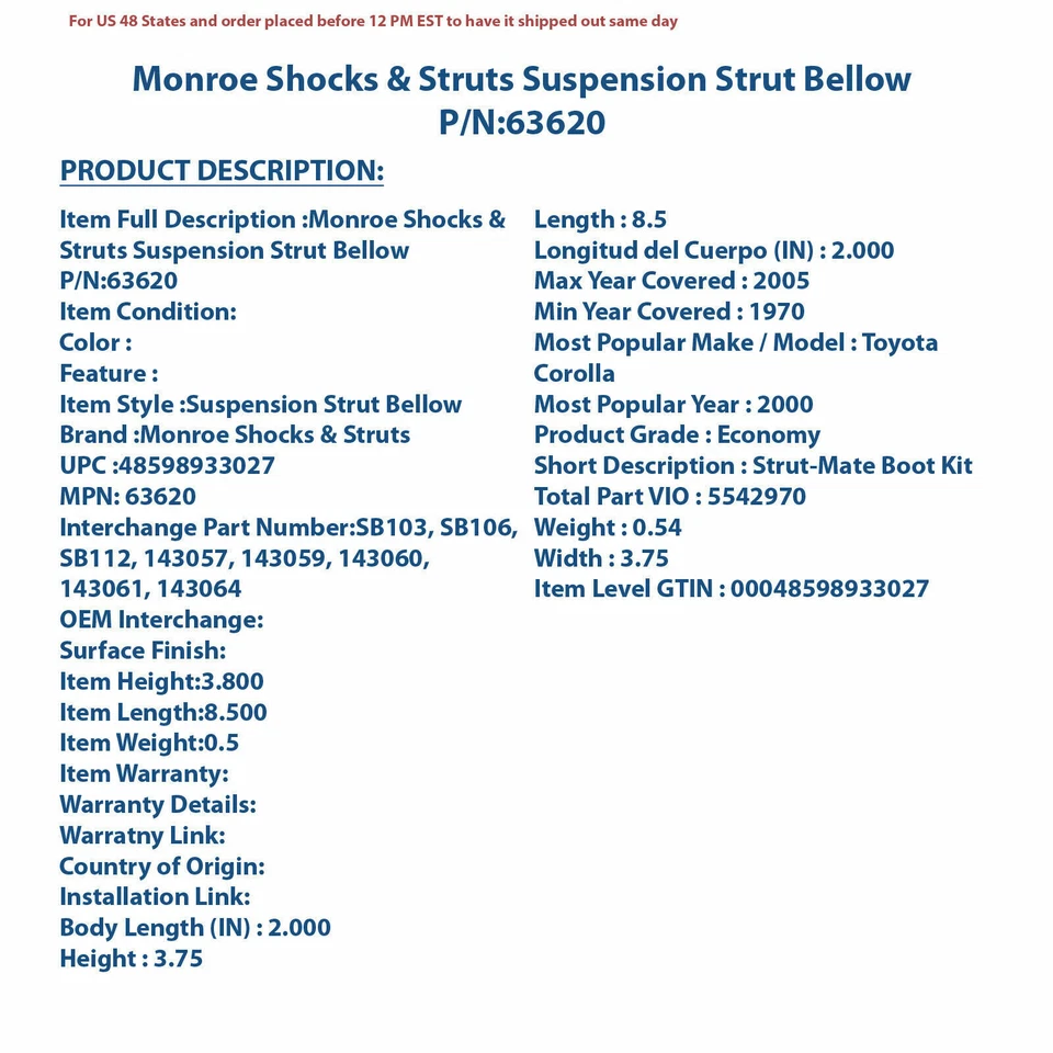 Kit de amortiguadores y puntales Monroe suspensión puntal parachoques y fuelle P/N:63620 Foto 4 de 4