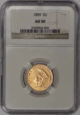 1859 Princess Head $3 Gold NGC AU50 - Better Date!