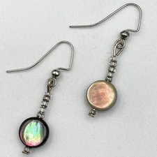 Vintage Silver-Tone Seed Beads Iridescent Shell Coin Dangle French Hook Earrings