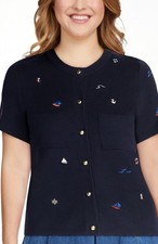 Free Assembly Embroidered Button Up Cardigan Short Sleeve Navy Pocket Knit New