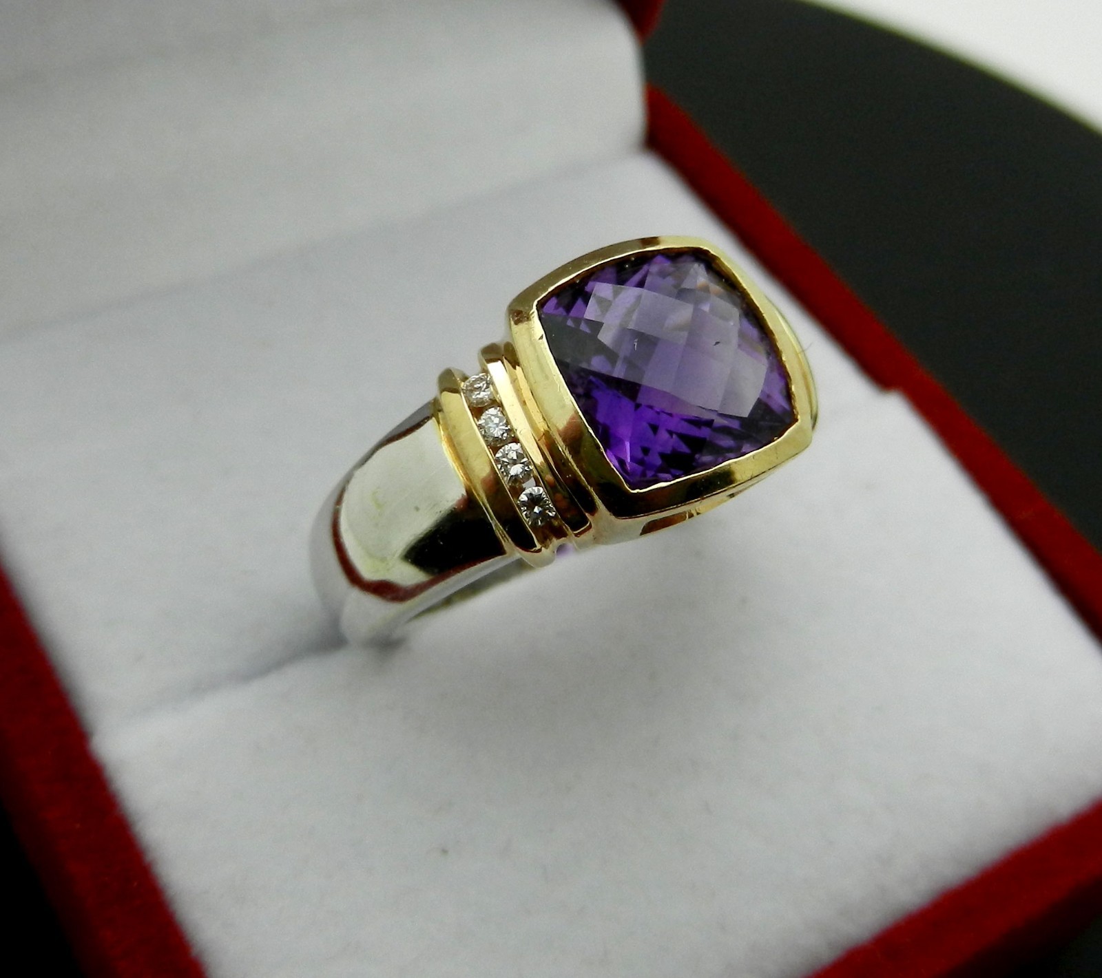Solid 14k Gold Checkerboard Amethyst Ring with Di… - image 1