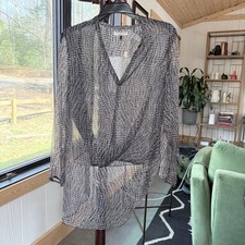Halston Heritage Blouse Womens 12 Grey Sheer Draped Twist Front Animal Print Top