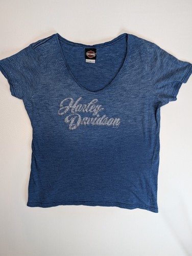 Harley Davidson Script V Neck T Shirt Blue The Woodlands, TX Sz XL