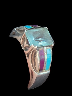Vtg 925 Sterling Silver Ring With Aquamarina Stone &  Inlays Sz 7.5