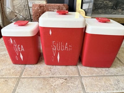 Red & White Plastic Kitchen Canister Set for Tea and Sugar