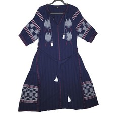Navy Blue Embroidered Flared Tassel Tie Seersucker Dress Size 44 US Sm Boho