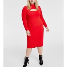 Women's 0X NWT Plus Size Red Long Sleeve Bodycon Chest Cut Out Rayon Midi Dress