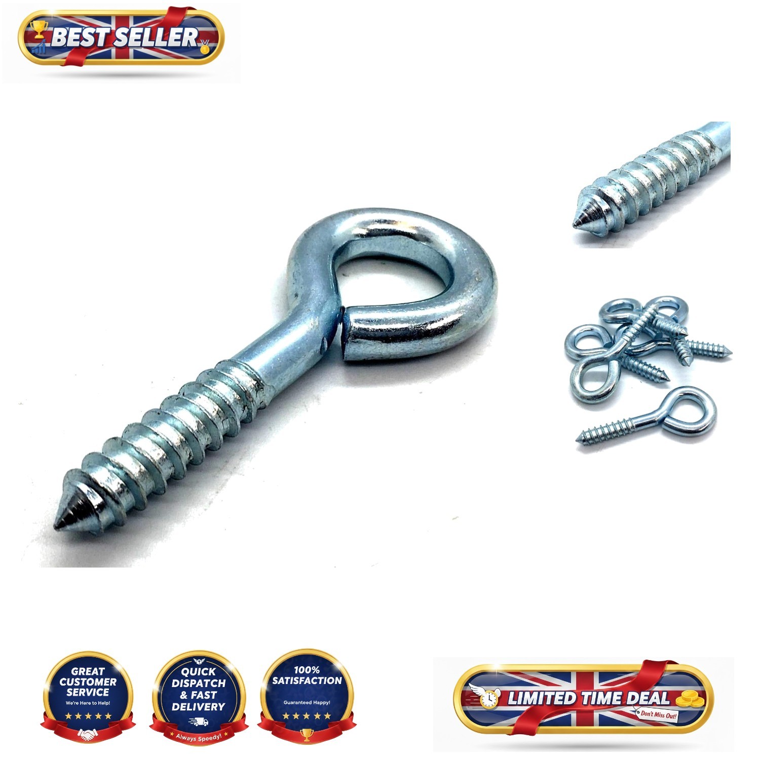 2x 75mm Heavy Duty Zinc Eye Bolts - M10 Thread, 15mm Eyelet for Strong Fixing