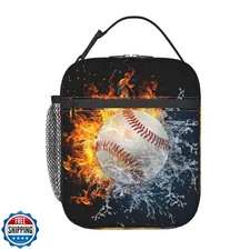 Anyako White Baseball Stitches Lunch Box,Cool Fire Water Sport Lunch Bag Spor