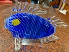 VTG Murano Style Hand Blown Art Glass Fish Blue with Yellow Eyes L9xH6” Hollow