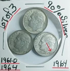 Roosevelt Dime 90% Silver Lot of 3 1961-D1964-1964-VG ConditionLook @ & JudgeGEM