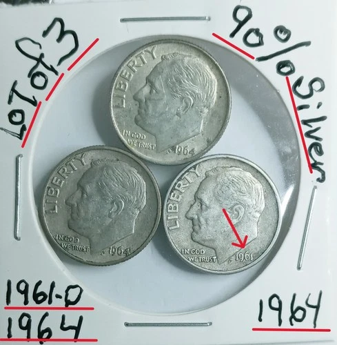 Roosevelt Dime 90% Silver Lot of 3 1961-D1964-1964-VG ConditionLook @ & JudgeGEM