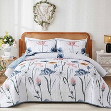 Floral Quilt Set Queen,3 Pieces Blue  Pink Bedspread Coverlet Set Botanical ...