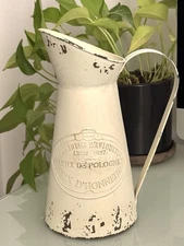 Vintage French Country Metal Water Pitcher Vase Jug Farmhouse Cottagecore