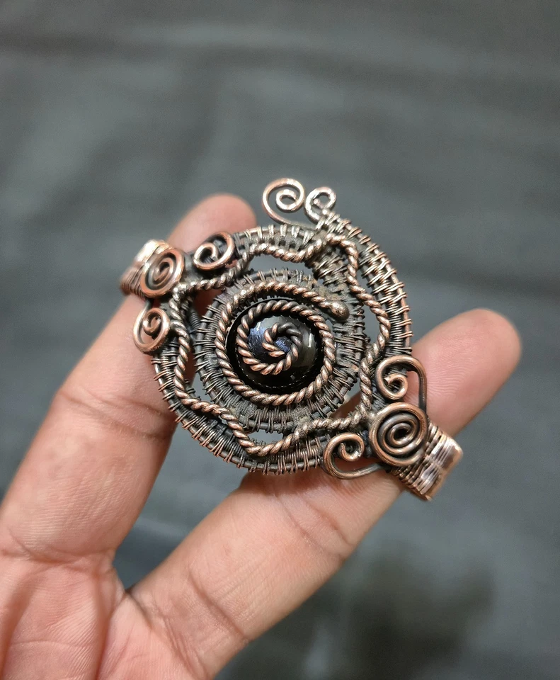 Pulsera de ónix negro brazalete envuelto en alambre de cobre pulsera ajustable para regalo Foto 4 de 4