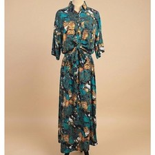 VTG 80s Natalie Green Tropical Floral Pleated Skirt Set Top M L USA Hawaiian
