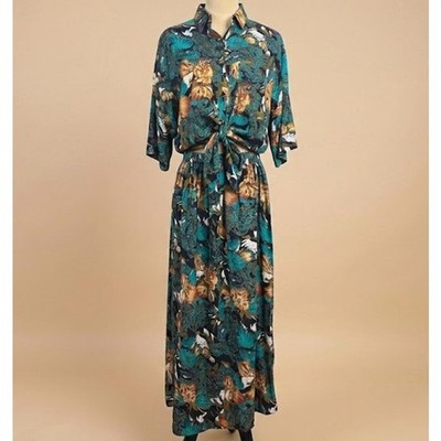 VTG 80s Natalie Green Tropical Floral Pleated Skirt Set Top M L USA Hawaiian