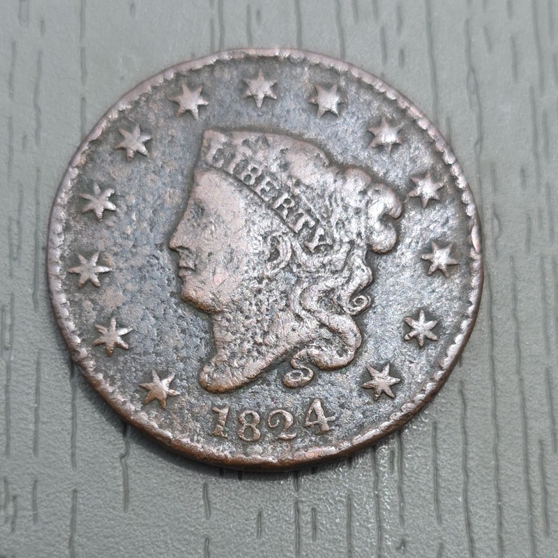 1824 Large Cent, Coronet Head, Scarce Date, VF+ detail