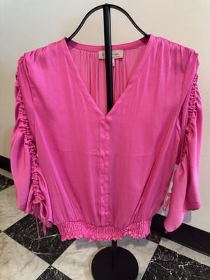 Philosophy Hot Pink Smocked Crop Blouse Women M Ruched Sleeve Tie Cuff Boho Top