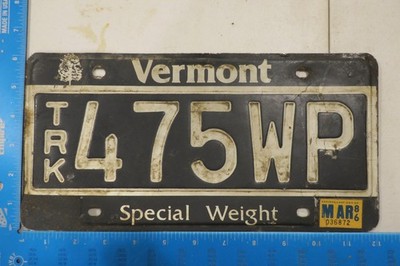 Vermont License Plate Special Weight Black Tag 1986 86 Rare Type Truck 475 WP